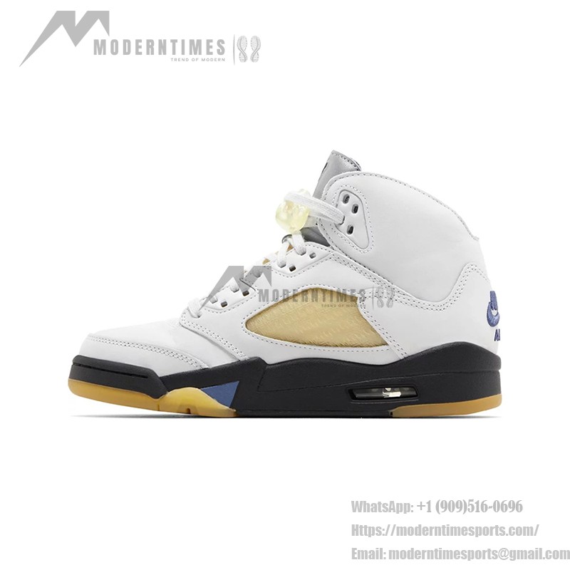 Air Jordan 5 Retro FZ5758-004 White Leather Sneakers with Beige Mesh, Blue Accents & Translucent Sole