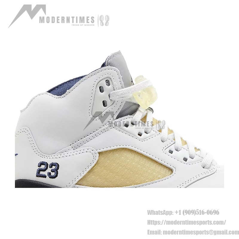 Air Jordan 5 Retro FZ5758-004 White Leather Sneakers with Beige Mesh, Blue Accents & Translucent Sole