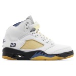 Air Jordan 5 Retro FZ5758-004 White Leather Sneakers with Beige Mesh, Blue Accents & Translucent Sole