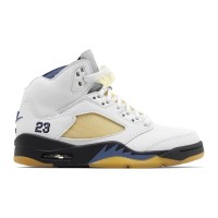 Air Jordan 5 Retro FZ5758-004 - White Leather Sneakers with Beige Mesh, Blue Accents & Translucent Sole