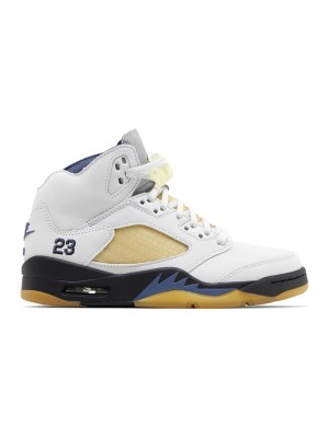 Air Jordan 5 Retro FZ5758-004 - 베이지 메시와 파란색 포인트가 돋보이는 화이트 가죽 스니커즈 & 투명 밑창