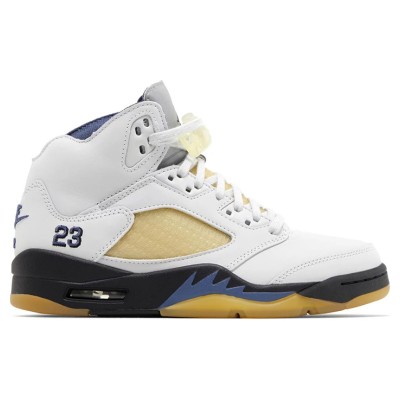 Air Jordan 5 Retro FZ5758-004 - White Leather Sneakers with Beige Mesh, Blue Accents & Translucent Sole