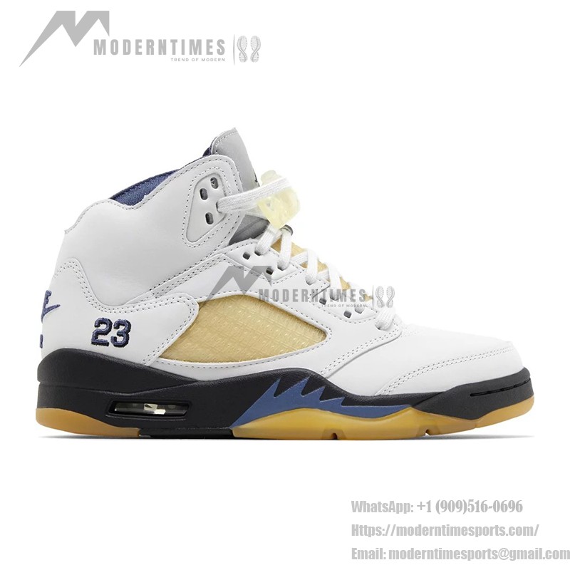 Air Jordan 5 Retro FZ5758-004 White Leather Sneakers with Beige Mesh, Blue Accents & Translucent Sole