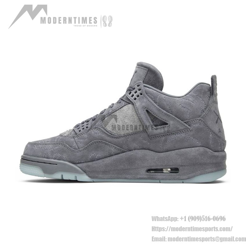 Side view of the KAWS x Air Jordan 4 Retro "Cool Grey" 930155-003 sneaker in cool grey with premium suede materials