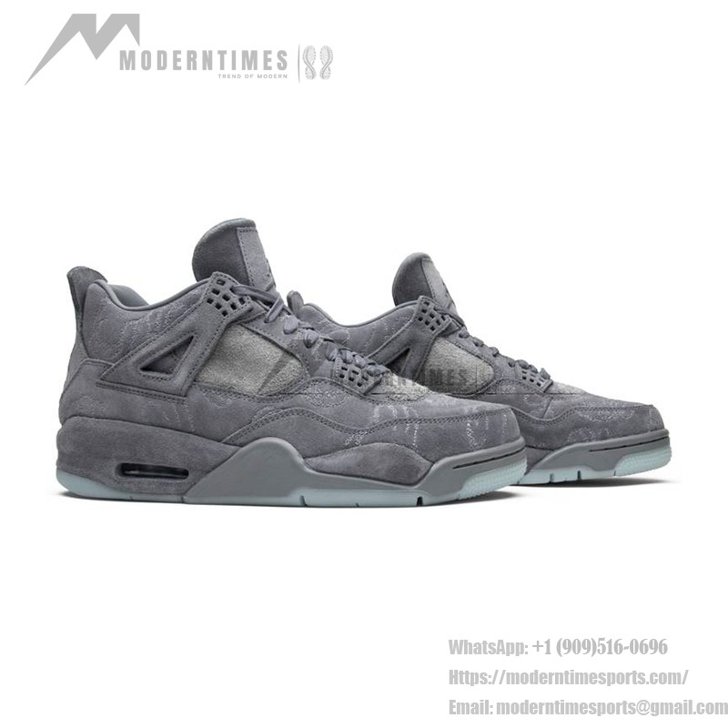 Side view of the KAWS x Air Jordan 4 Retro "Cool Grey" 930155-003 sneaker in cool grey with premium suede materials