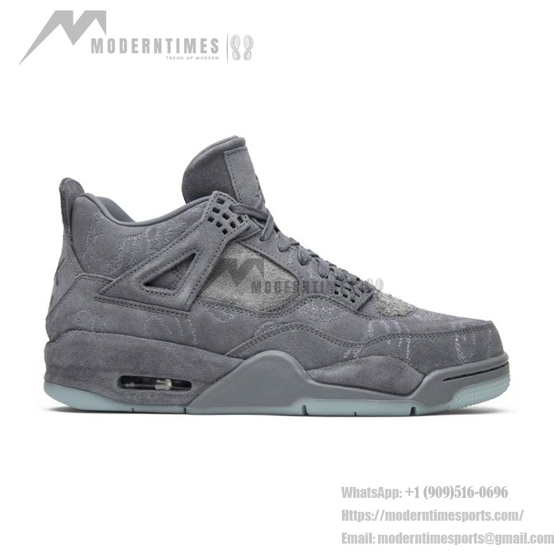 Side view of the KAWS x Air Jordan 4 Retro "Cool Grey" 930155-003 sneaker in cool grey with premium suede materials