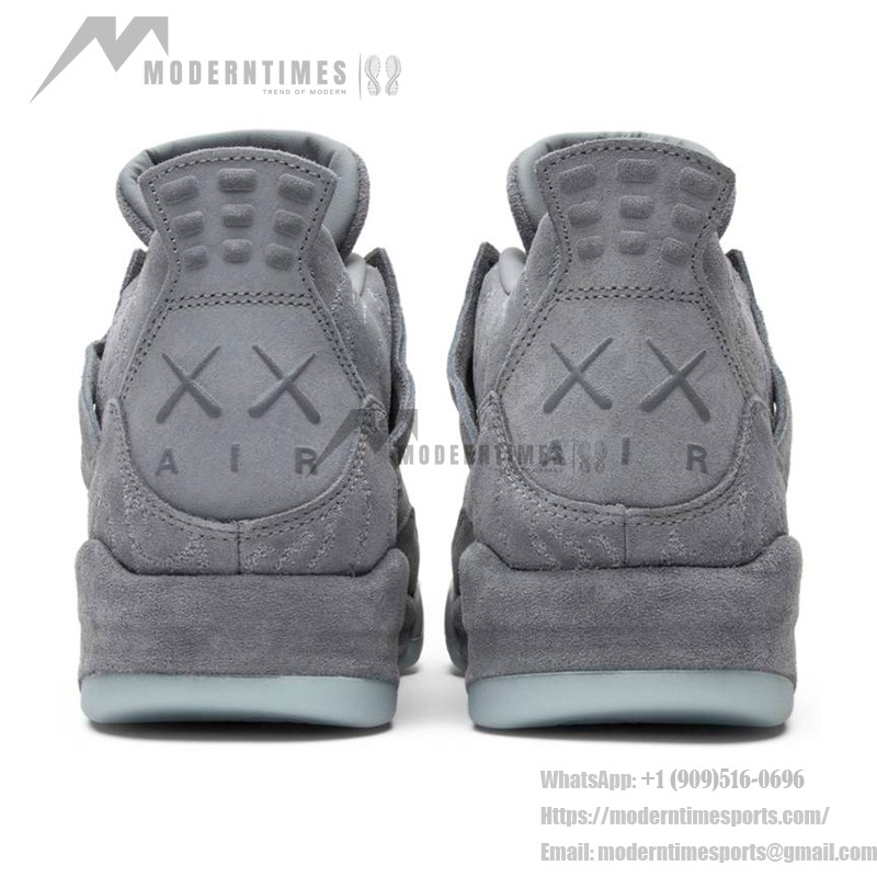 Side view of the KAWS x Air Jordan 4 Retro "Cool Grey" 930155-003 sneaker in cool grey with premium suede materials