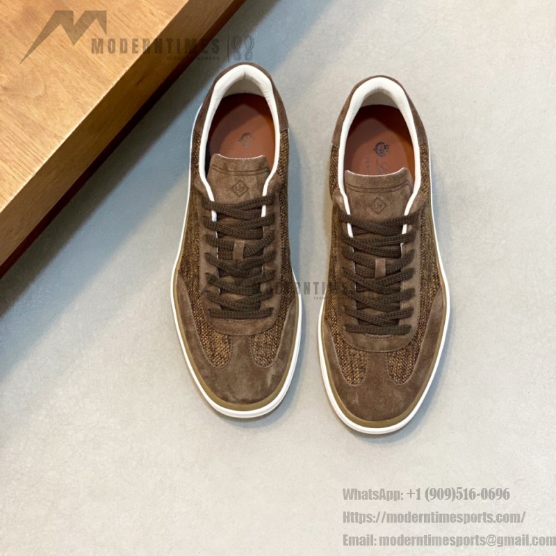 Loro Piana dark brown low-top sneaker with woven textile upper, tonal suede panels, khaki-brown trim and white rubber sole