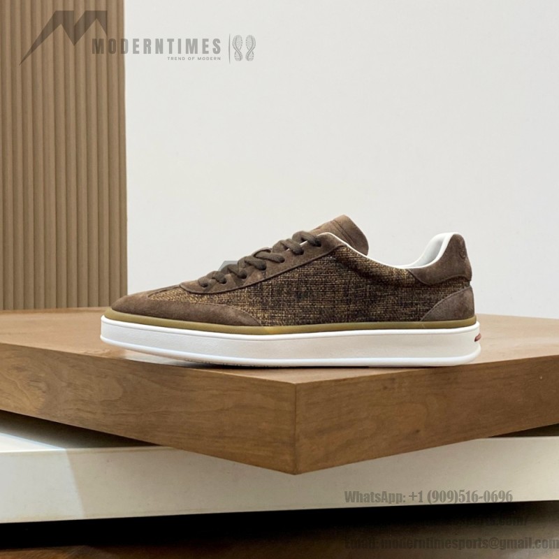 Loro Piana dark brown low-top sneaker with woven textile upper, tonal suede panels, khaki-brown trim and white rubber sole