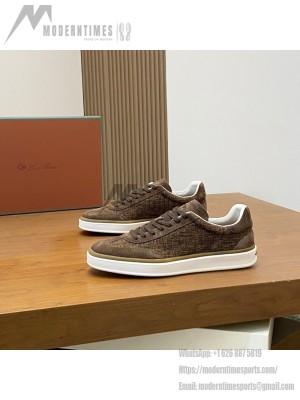 Loro Piana Dark Brown Woven Textile & Suede Low-Top Sneaker