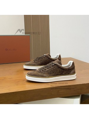 Loro Piana Dark Brown Woven Textile & Suede Low-Top Sneaker
