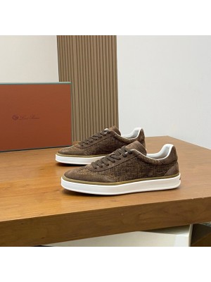 Loro Piana Dark Brown Woven Textile & Suede Low-Top Sneaker