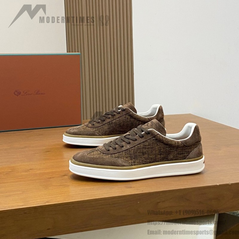 Loro Piana dark brown low-top sneaker with woven textile upper, tonal suede panels, khaki-brown trim and white rubber sole