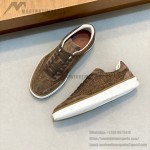 Loro Piana dark brown low-top sneaker with woven textile upper, tonal suede panels, khaki-brown trim and white rubber sole