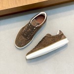 Loro Piana dark brown low-top sneaker with woven textile upper, tonal suede panels, khaki-brown trim and white rubber sole