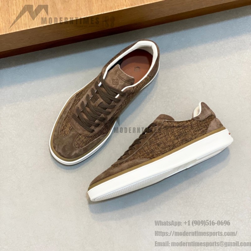 Loro Piana dark brown low-top sneaker with woven textile upper, tonal suede panels, khaki-brown trim and white rubber sole