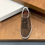 Loro Piana dark brown low-top sneaker with woven textile upper, tonal suede panels, khaki-brown trim and white rubber sole