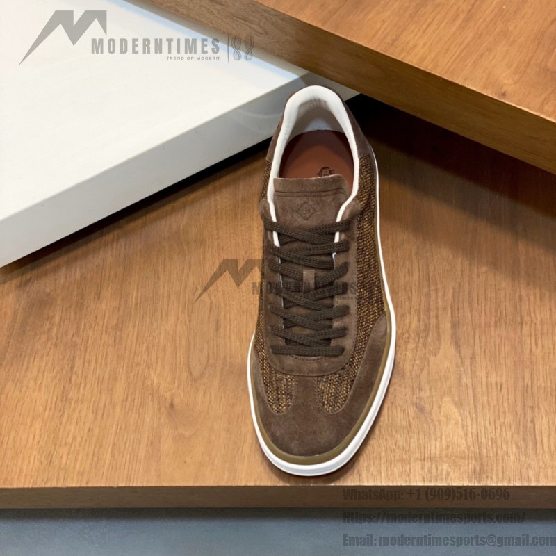 Loro Piana dark brown low-top sneaker with woven textile upper, tonal suede panels, khaki-brown trim and white rubber sole