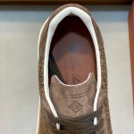 Loro Piana dark brown low-top sneaker with woven textile upper, tonal suede panels, khaki-brown trim and white rubber sole