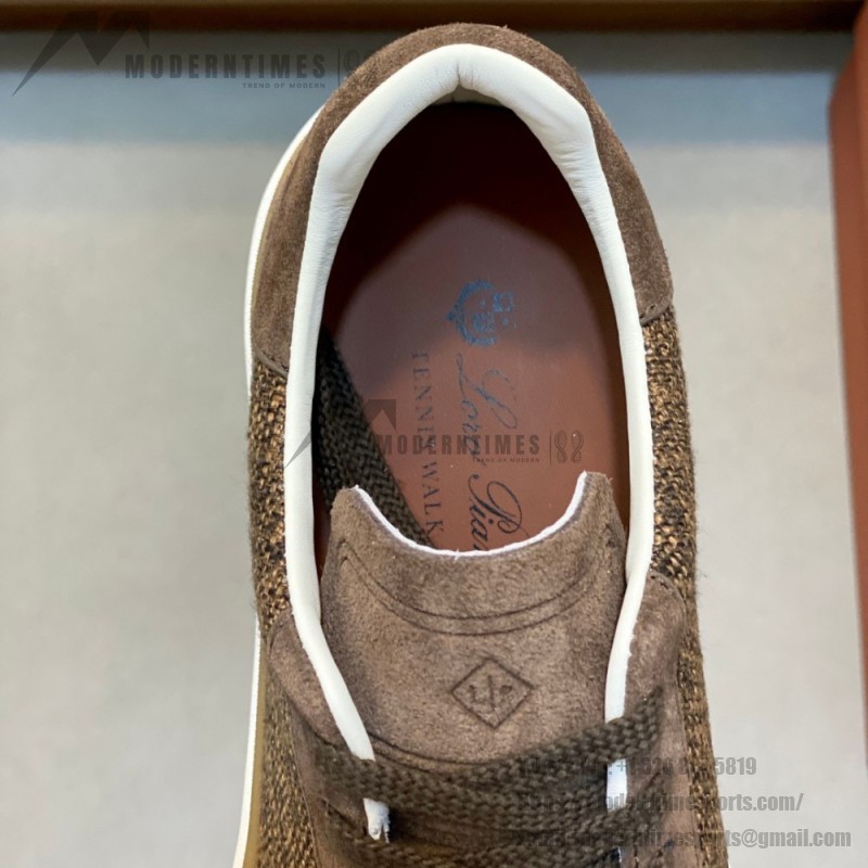 Loro Piana dark brown low-top sneaker with woven textile upper, tonal suede panels, khaki-brown trim and white rubber sole
