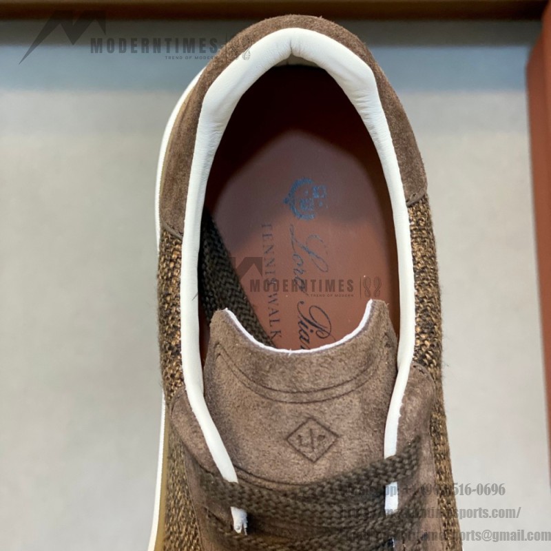 Loro Piana dark brown low-top sneaker with woven textile upper, tonal suede panels, khaki-brown trim and white rubber sole
