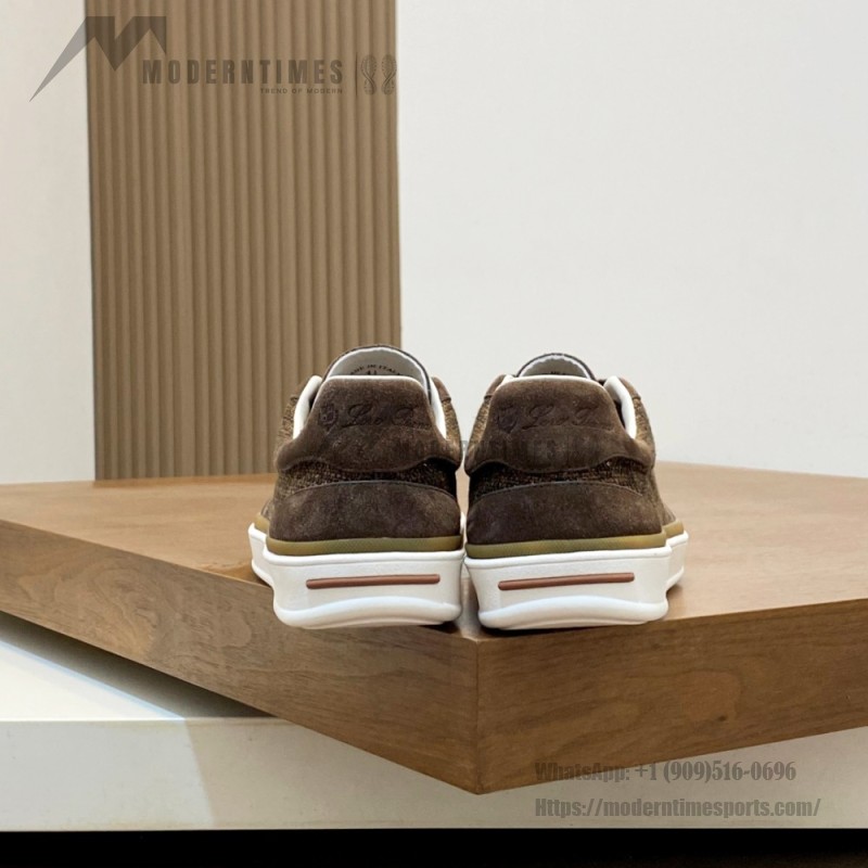 Loro Piana dark brown low-top sneaker with woven textile upper, tonal suede panels, khaki-brown trim and white rubber sole