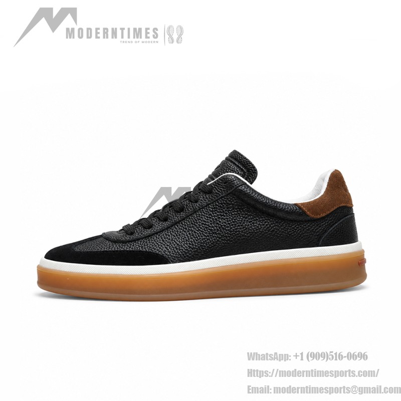Loro Piana Tennis Walk Sneaker in black textured calfskin and suede with Kummel heel detail and Coffee Gum Sole