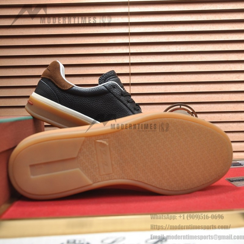 Loro Piana Tennis Walk Sneaker in black textured calfskin and suede with Kummel heel detail and Coffee Gum Sole