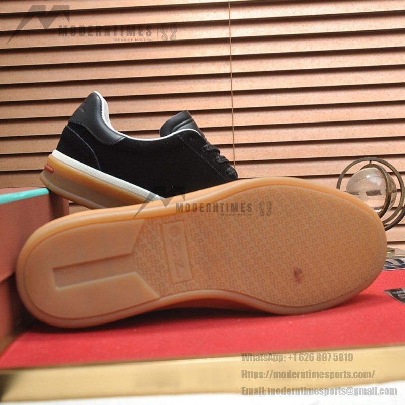 Loro Piana Tennis Walk Sneaker in black suede with tonal leather details, white sidewall and Coffee Gum Sole