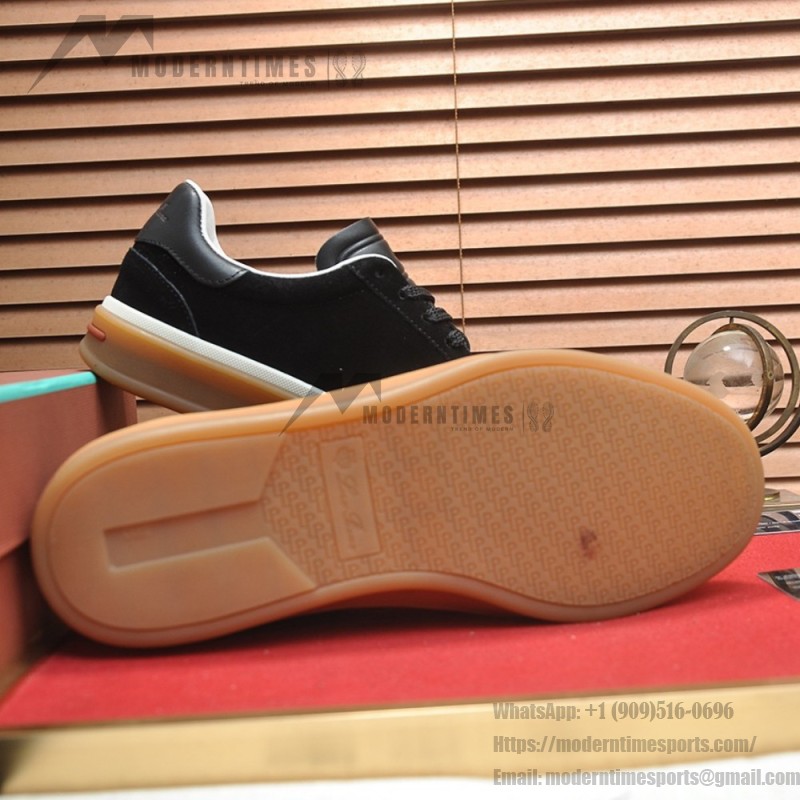 Loro Piana Tennis Walk Sneaker in black suede with tonal leather details, white sidewall and Coffee Gum Sole