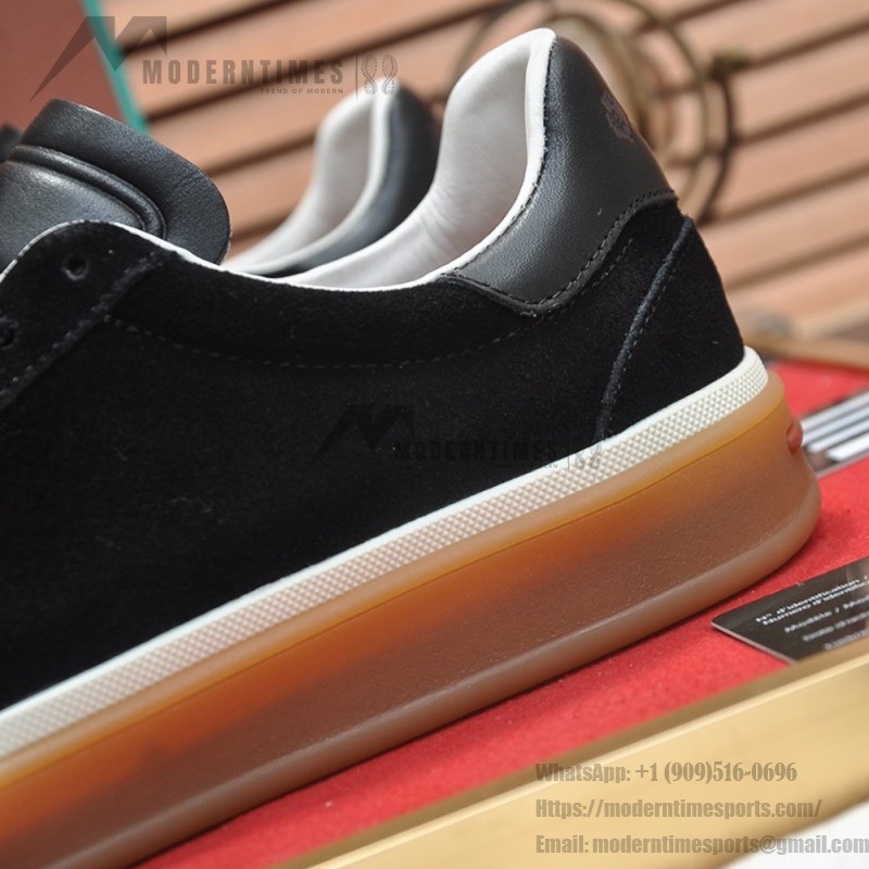 Loro Piana Tennis Walk Sneaker in black suede with tonal leather details, white sidewall and Coffee Gum Sole