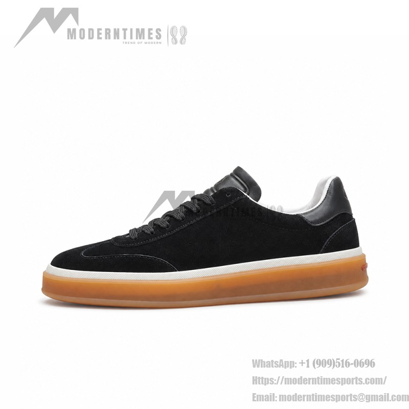 Loro Piana Tennis Walk Sneaker in black suede with tonal leather details, white sidewall and Coffee Gum Sole