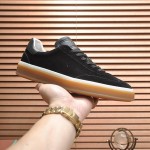Loro Piana Tennis Walk Sneaker in black suede with tonal leather details, white sidewall and Coffee Gum Sole