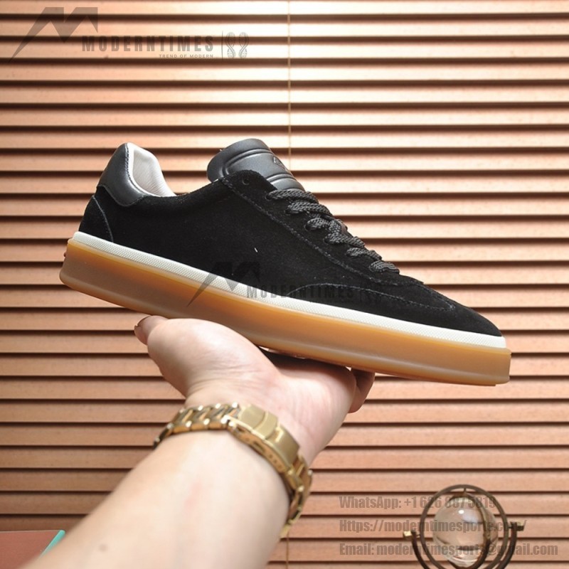 Loro Piana Tennis Walk Sneaker in black suede with tonal leather details, white sidewall and Coffee Gum Sole