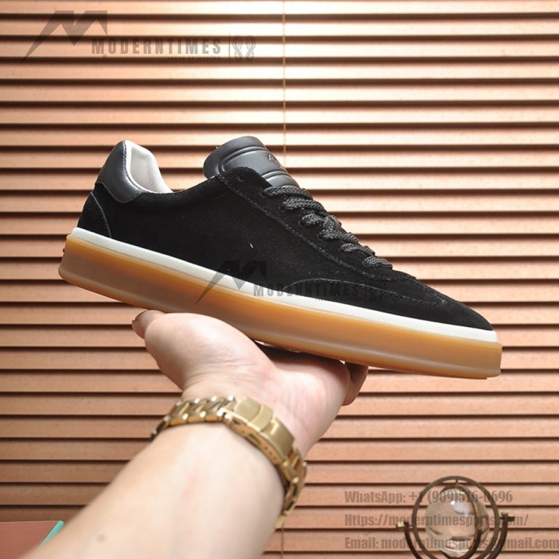 Loro Piana Tennis Walk Sneaker in black suede with tonal leather details, white sidewall and Coffee Gum Sole