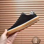 Loro Piana Tennis Walk Sneaker in black suede with tonal leather details, white sidewall and Coffee Gum Sole