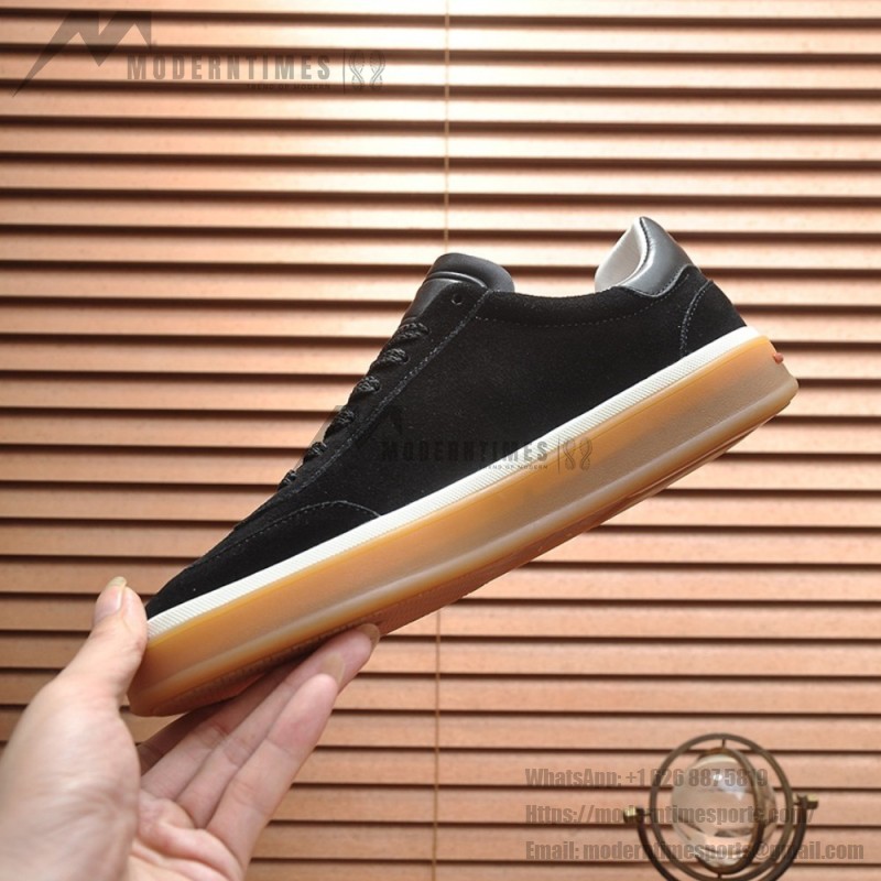 Loro Piana Tennis Walk Sneaker in black suede with tonal leather details, white sidewall and Coffee Gum Sole