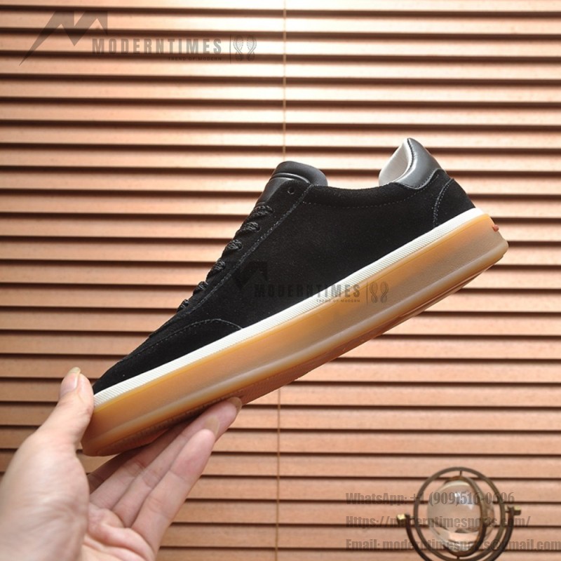 Loro Piana Tennis Walk Sneaker in black suede with tonal leather details, white sidewall and Coffee Gum Sole