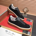 Loro Piana Tennis Walk Sneaker in black suede with tonal leather details, white sidewall and Coffee Gum Sole