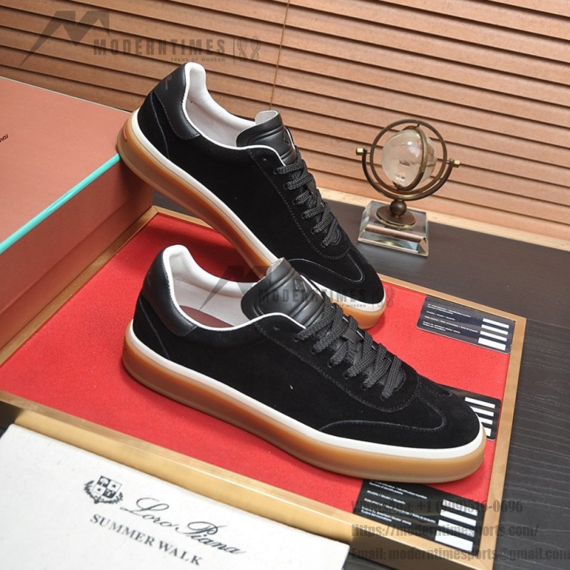Loro Piana Tennis Walk Sneaker in black suede with tonal leather details, white sidewall and Coffee Gum Sole