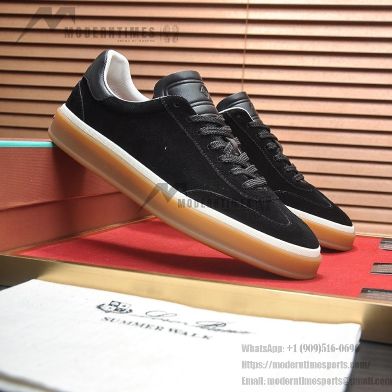 Loro Piana Tennis Walk Sneaker in black suede with tonal leather details, white sidewall and Coffee Gum Sole