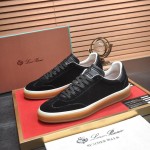 Loro Piana Tennis Walk Sneaker in black suede with tonal leather details, white sidewall and Coffee Gum Sole