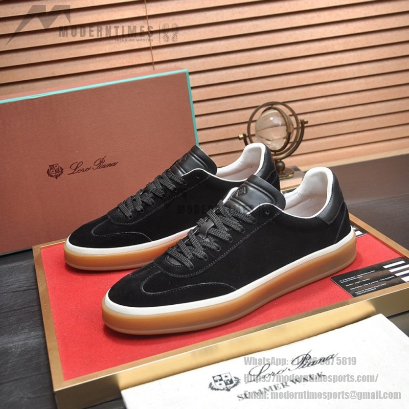 Loro Piana Tennis Walk Sneaker in black suede with tonal leather details, white sidewall and Coffee Gum Sole