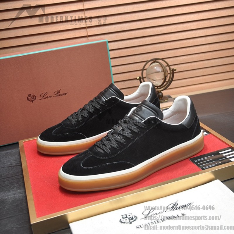 Loro Piana Tennis Walk Sneaker in black suede with tonal leather details, white sidewall and Coffee Gum Sole