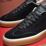 Loro Piana Tennis Walk Sneaker in black suede with tonal leather details, white sidewall and Coffee Gum Sole