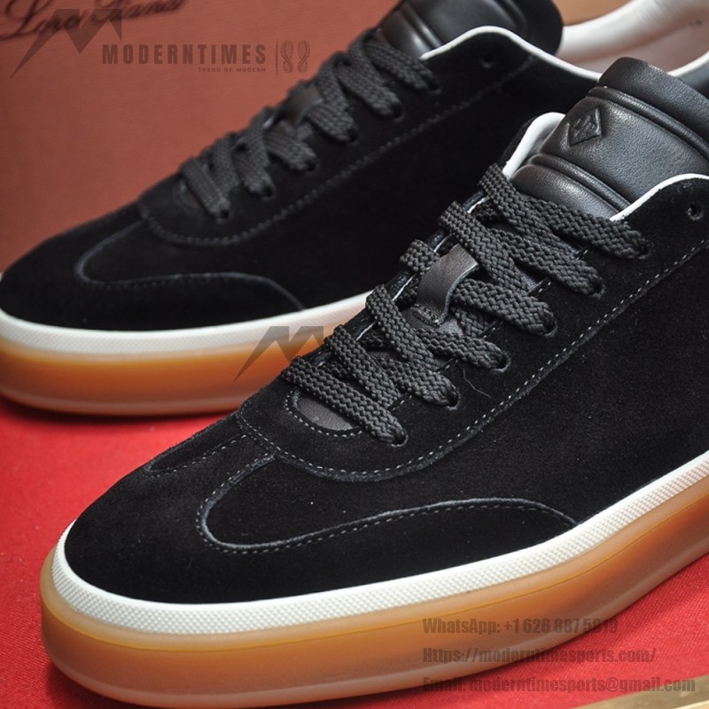 Loro Piana Tennis Walk Sneaker in black suede with tonal leather details, white sidewall and Coffee Gum Sole