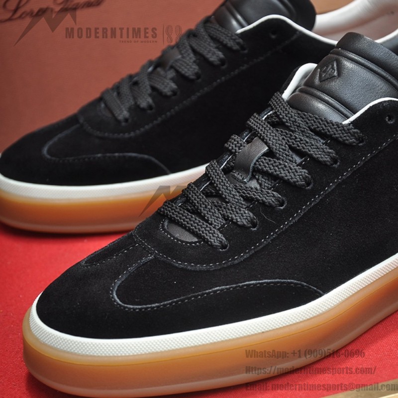Loro Piana Tennis Walk Sneaker in black suede with tonal leather details, white sidewall and Coffee Gum Sole