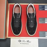 Loro Piana Tennis Walk Sneaker in black suede with tonal leather details, white sidewall and Coffee Gum Sole