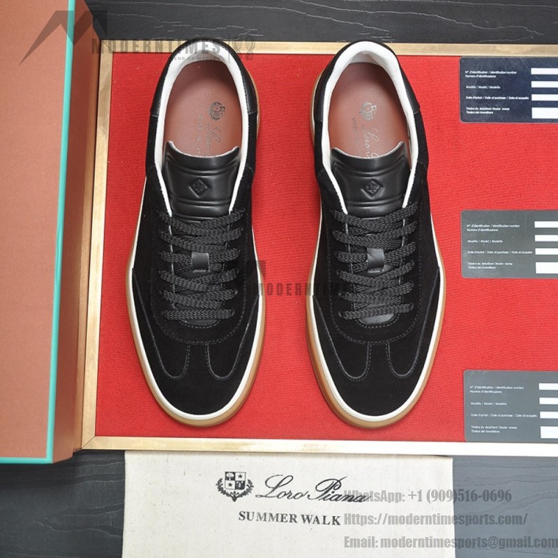 Loro Piana Tennis Walk Sneaker in black suede with tonal leather details, white sidewall and Coffee Gum Sole