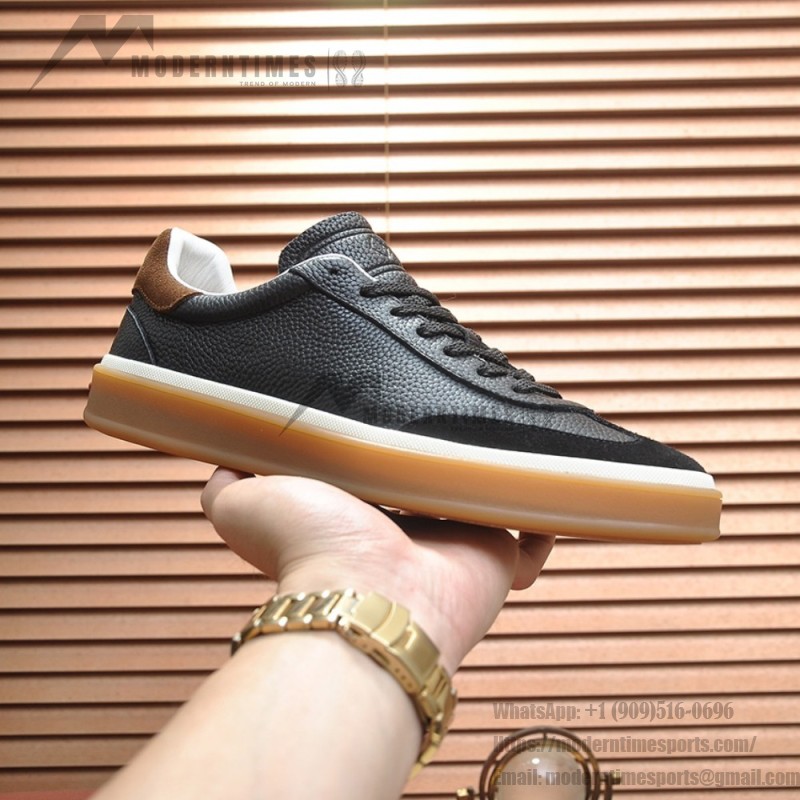 Loro Piana Tennis Walk Sneaker in black textured calfskin and suede with Kummel heel detail and Coffee Gum Sole